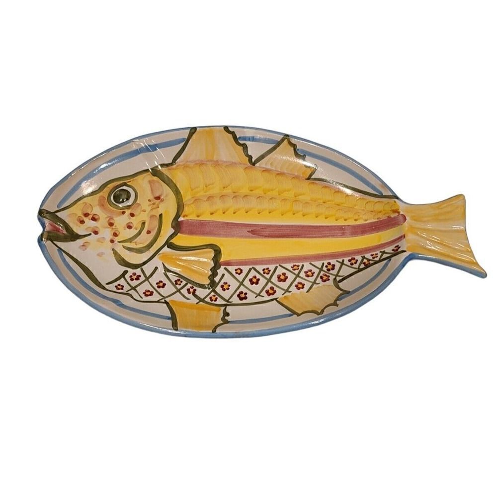 Vintage Italy Solimene Vietri Fish Platter Multi Color 16" x 9" Dining Décor EUC